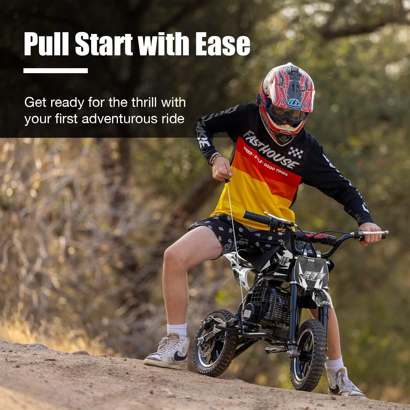 DB001 50CC 2 Stroke Mini Dirt Bike, off Road up to 20Mph, EPA Approved Dirt Bike W/Rear Suspension, Kill Switch, Disc Brakes, Max Load 160Lbs (Black)