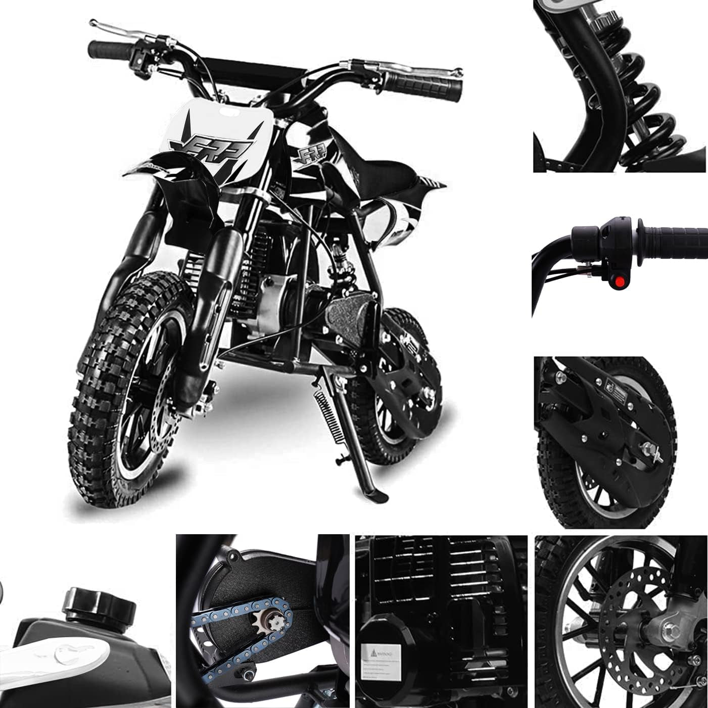 DB001 50CC 2 Stroke Mini Dirt Bike, off Road up to 20Mph, EPA Approved Dirt Bike W/Rear Suspension, Kill Switch, Disc Brakes, Max Load 160Lbs (Black)