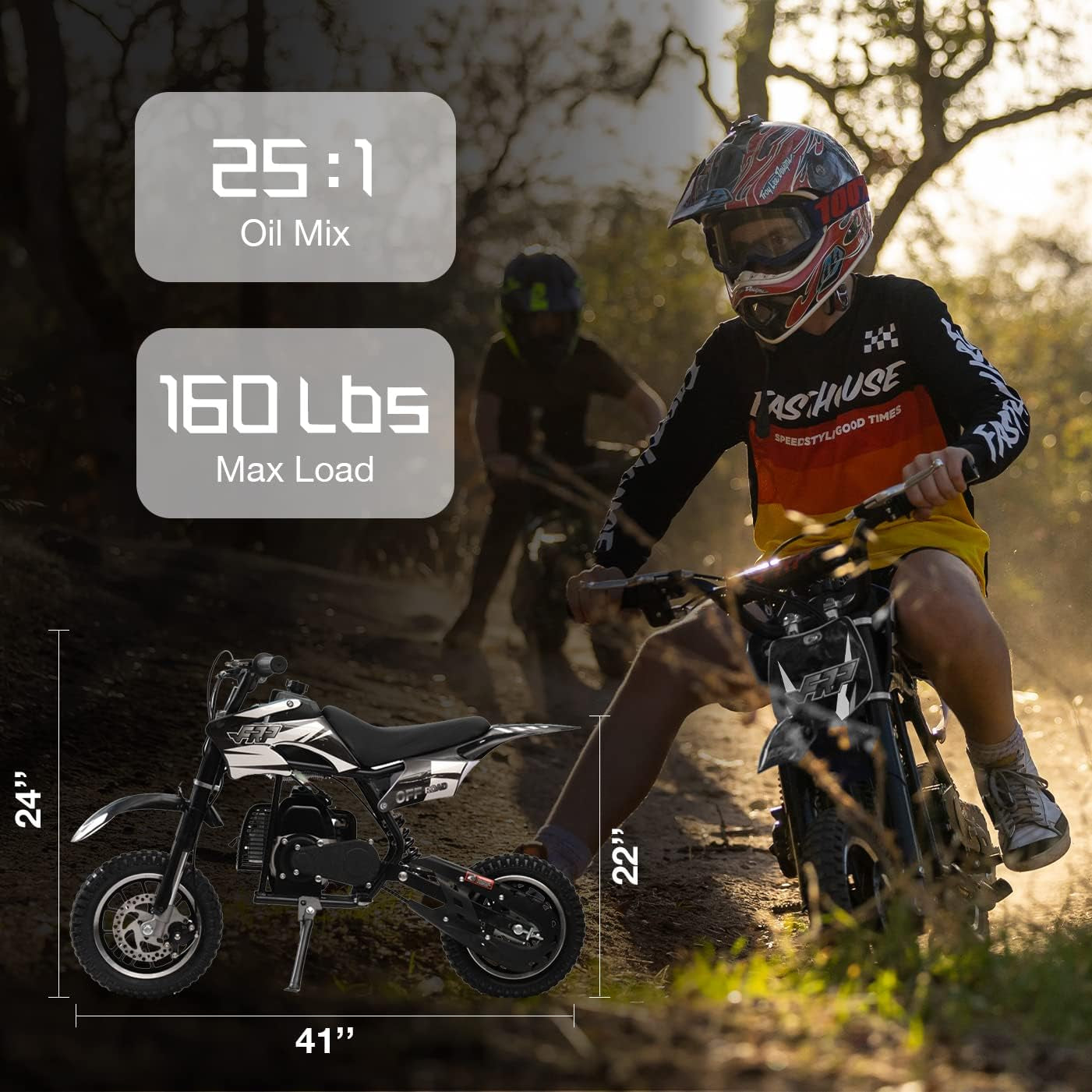 DB001 50CC 2 Stroke Mini Dirt Bike, off Road up to 20Mph, EPA Approved Dirt Bike W/Rear Suspension, Kill Switch, Disc Brakes, Max Load 160Lbs (Black)