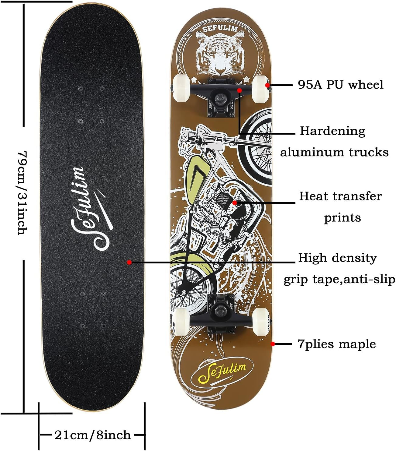 31 X 8 Inch Complete Skateboard 7 Layer Canadian Maple Double Kick Deck Concave Cruiser Trick Skateboard for Boys Girls Teens Adults Beginner ﻿