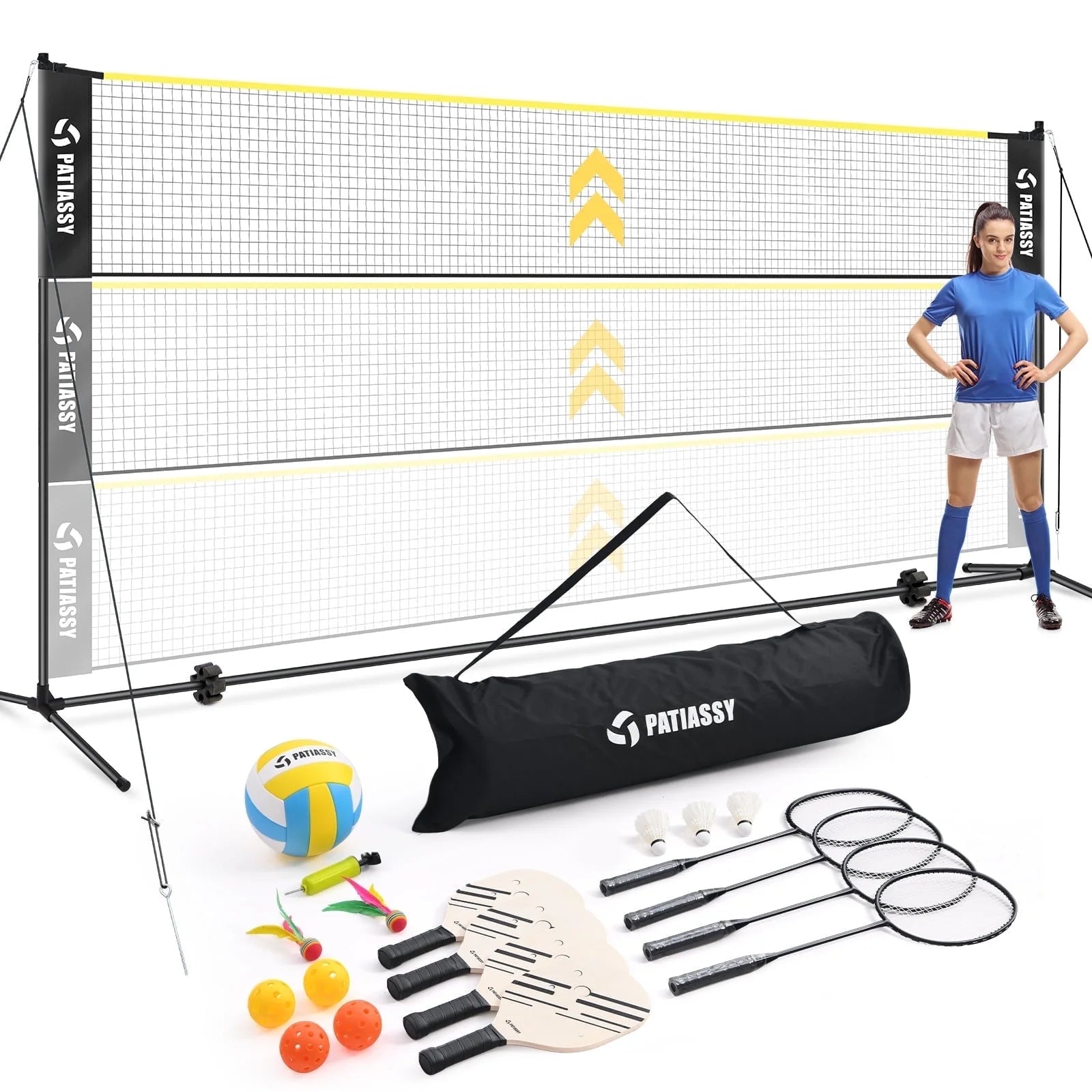 5.1Ft-7.4Ft Adjustable Height Volleyball Badminton Pickleball Net Set with Poles, 4 Rackets, 3 Shuttlecocks, 4 Pickleball Paddles , and Volleyball