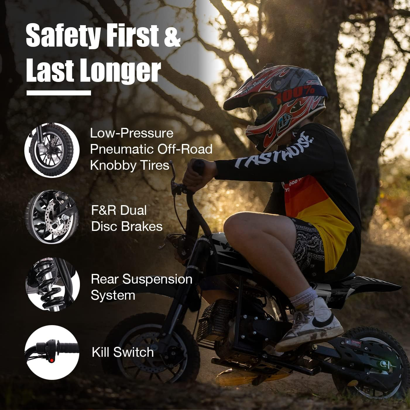 DB001 50CC 2 Stroke Mini Dirt Bike, off Road up to 20Mph, EPA Approved Dirt Bike W/Rear Suspension, Kill Switch, Disc Brakes, Max Load 160Lbs (Black)