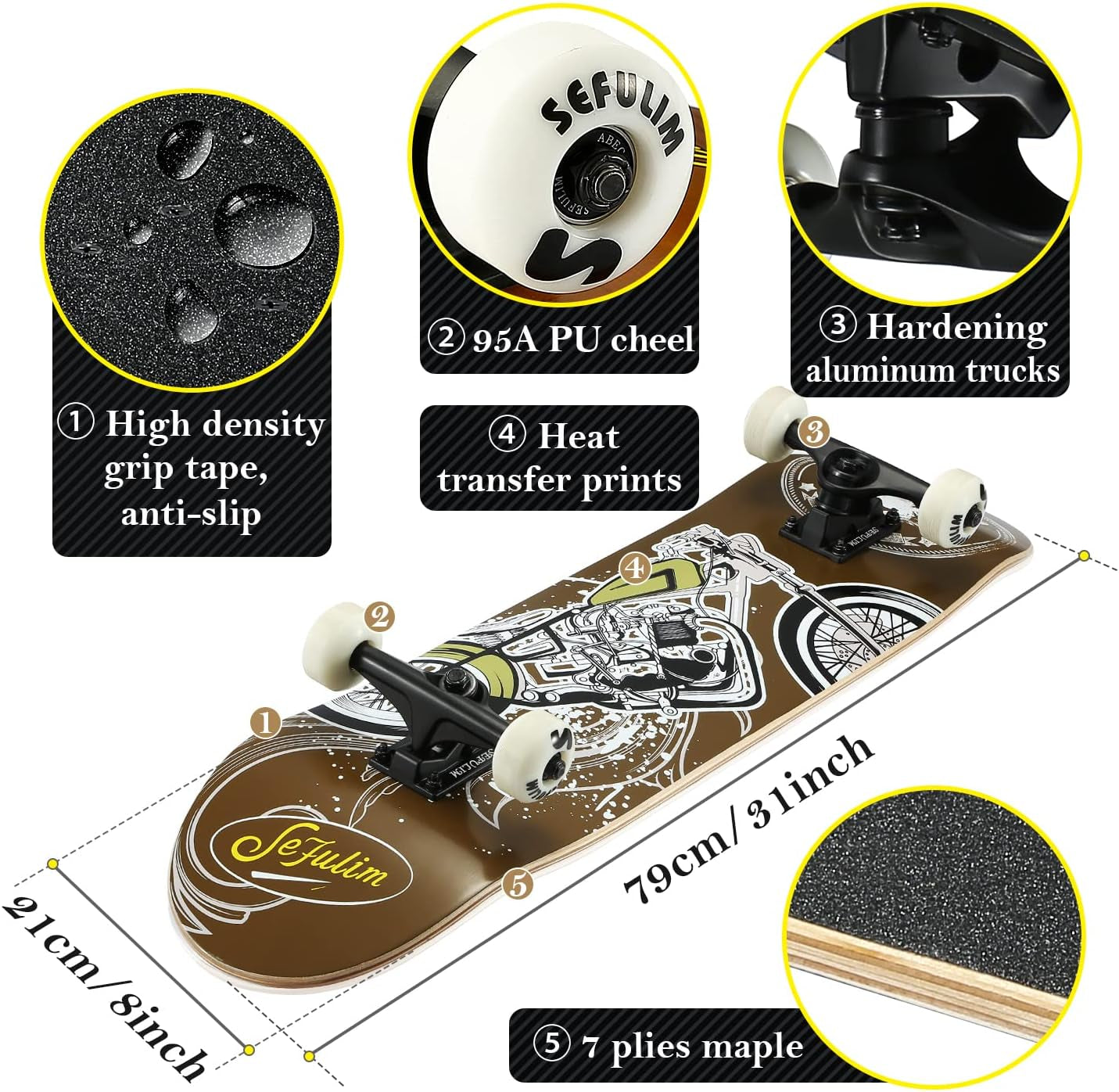 31 X 8 Inch Complete Skateboard 7 Layer Canadian Maple Double Kick Deck Concave Cruiser Trick Skateboard for Boys Girls Teens Adults Beginner ﻿